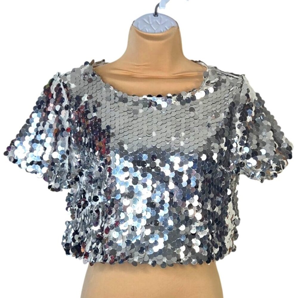 Charlotte Russe Silver Sequin Crop Top Short Sleeve Medium